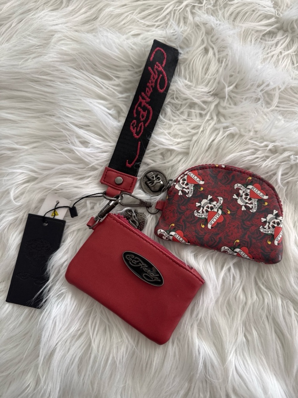 Ed Hardy Red Duo Wristlet Coin Pouches with Logo Strap